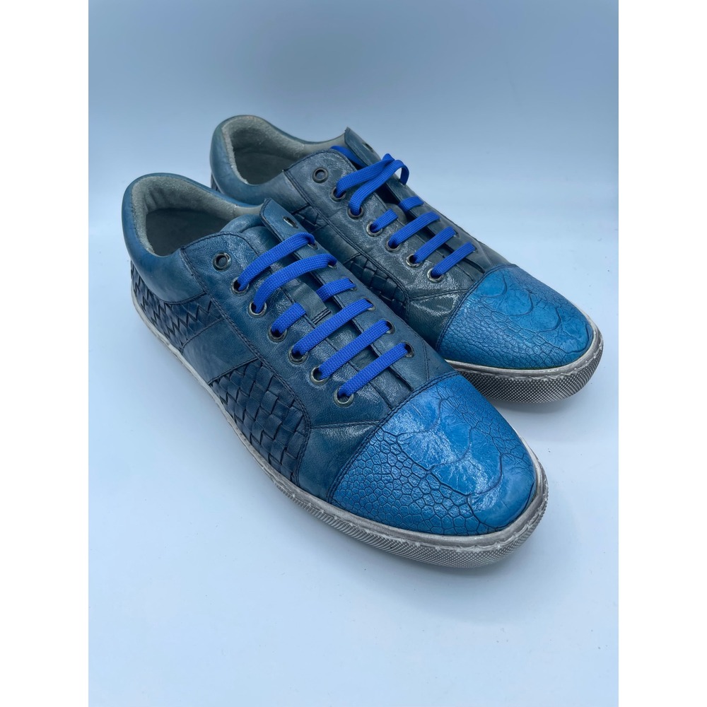 RARE Belvedere Mens Ostrich Leg Ecco Woven Leather Sneakers Ocean Blue 10 NO LID